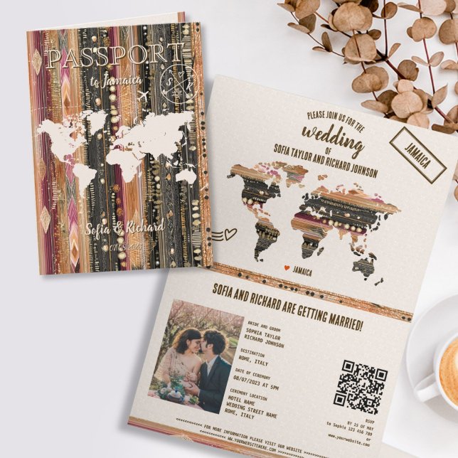 QR Code Boho Wedding Destination Passport Map  Invitation (BOHO PASSPORT WEDDING INVITATION)