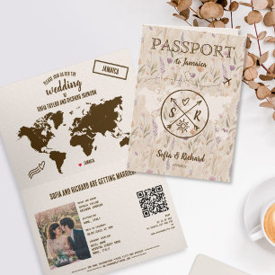 QR Code Boho Wedding Destination Passport Map  Invitation