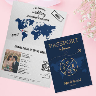 QR Code Boho Wedding Destination Passport Map Invitation