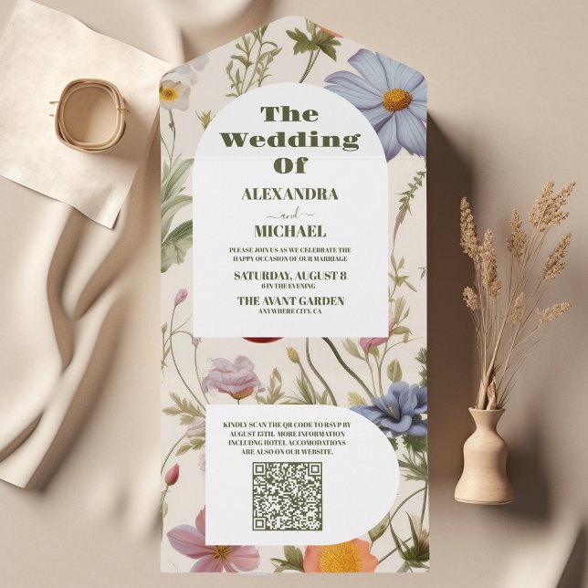 QR Code Boho Wildflower Botanical Wedding All In One Invitation (Creator Uploaded)