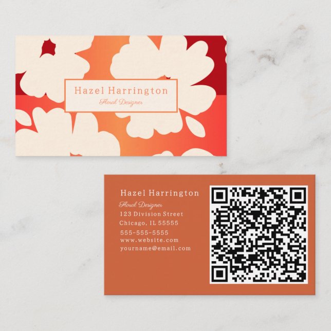 QR Code Bold Floral Carte de visite Rouge Oranges (Devant / Derrière)