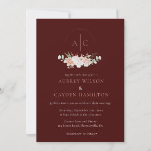 QR Code Botanical Monogram Burgundy Wedding  Invitation