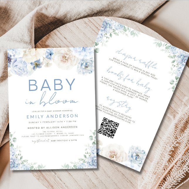 QR Code Boy Blue Baby in Bloom Baby Shower  Invitation (Creator Uploaded)