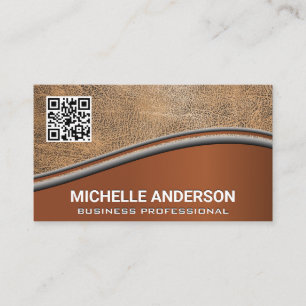 QR Code Brown Leather   Metallic Business Card