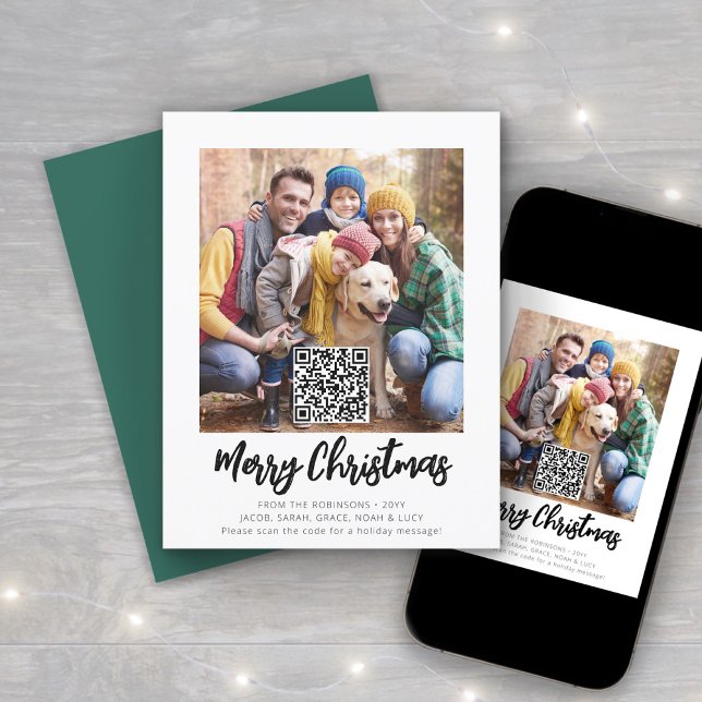 QR Code Brushed Script Merry Christmas One Photo Holiday Card (Creator Uploaded)
