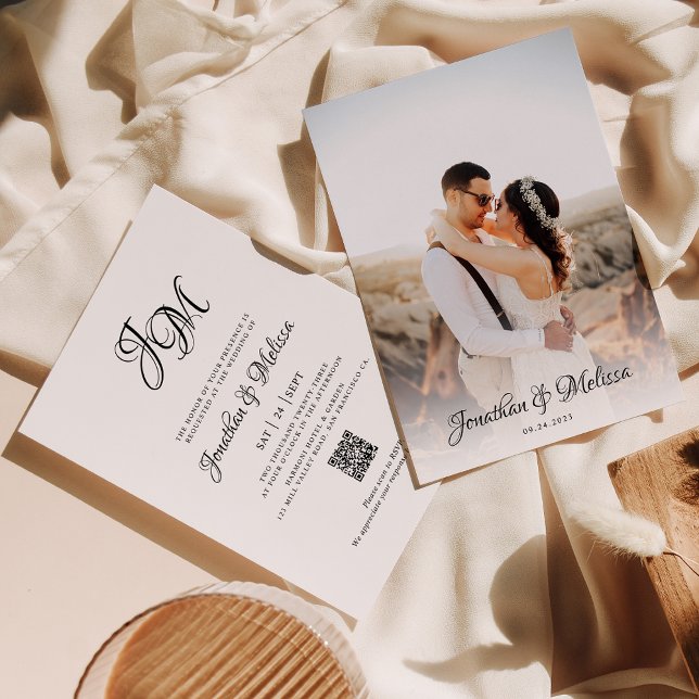 QR Code Budget Monogram Script Photo Wedding Invitation (Creator Uploaded)