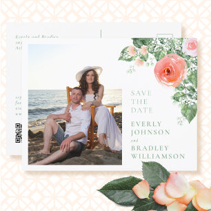 QR Code Budget Photo Modern Floral Save the Date Postcard