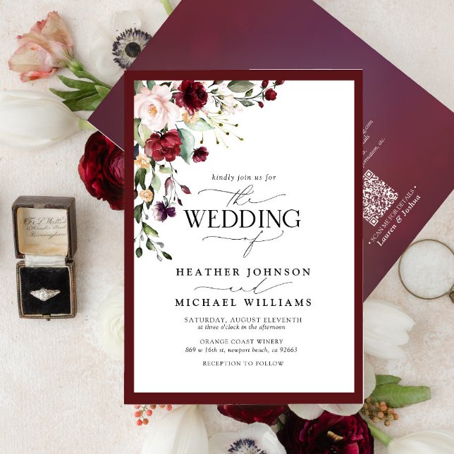 QR Code Burgundy Blush Floral Watercolor Script Invitation (Creator Uploaded)