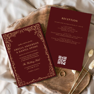 QR Code Burgundy Gold Minimal Wedding Invitation