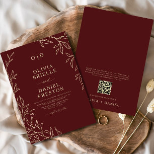 QR Code Burgundy & Gold Monogram Leaf Wedding Invitation
