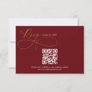 QR Code Burgundy Gold Script Calligraphy Wedding RSVP Card