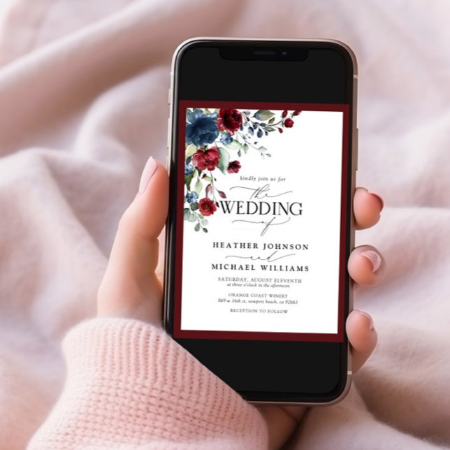 QR Code Burgundy & Navy Floral Watercolor Script Invitation (Creator Uploaded)