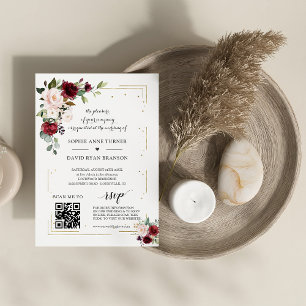 QR Code Burgundy Pink Floral Gold Wedding Invitation