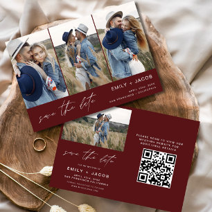 QR Code Burgundy Save the Date 4 Photo Elegant 