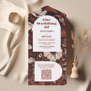 QR Code Burgundy Wildflowers Wedding All In One Invitation