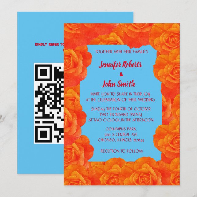 QR Code Burnt Orange Blue Floral Roses Wedding Invitation (Front/Back)