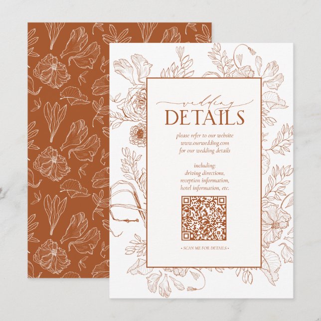 QR Code Burnt Orange Floral Wedding Details Enclosure Card (Front/Back)