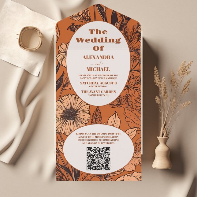 QR Code Burnt Orange Wildflowers Wedding All In One Invitation (Creator Uploaded)