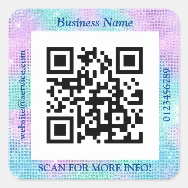 QR Code Bus. Name Website Promo Blue & Purple Glam Square Sticker (Front)