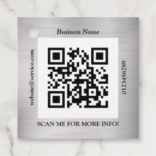 QR Code Bus. Name Website Promo, Brushed Silver Favour Tags
