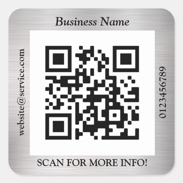 QR Code Bus. Name Website Promo, Brushed Silver Square Sticker (Front)