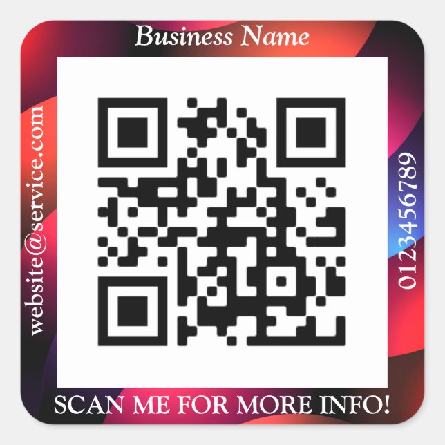 QR Code Bus. Name Website Promo, Geometric/White Square Sticker (Front)