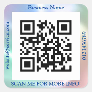 QR Code Bus. Name Website Promo, Iridescent/Blue Square Sticker