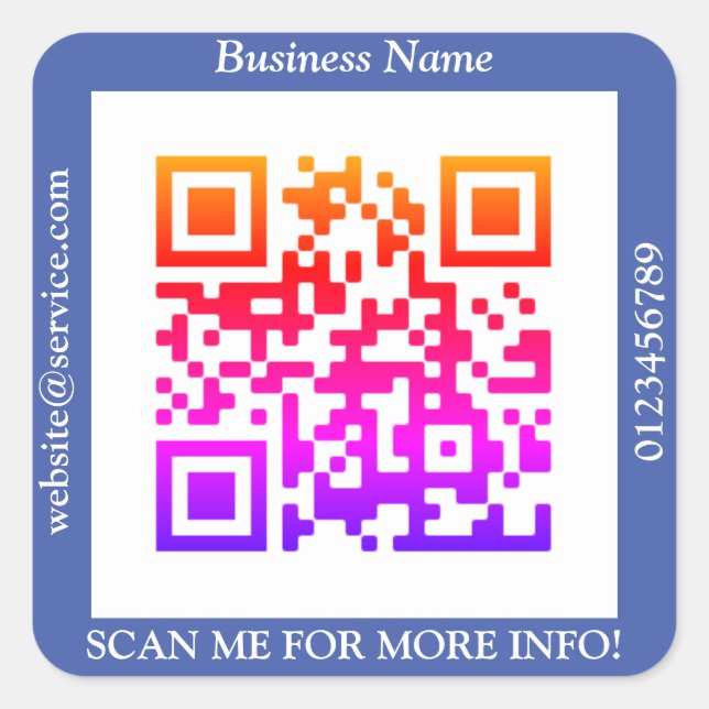 QR Code Bus. Name Website Promo Orange Purple Blue Square Sticker (Front)