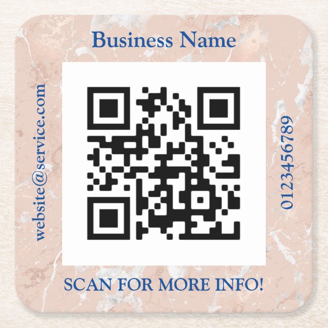 QR Code Bus. Name, Website Promo, Rose Gold Marble Square Paper Coaster (Front)