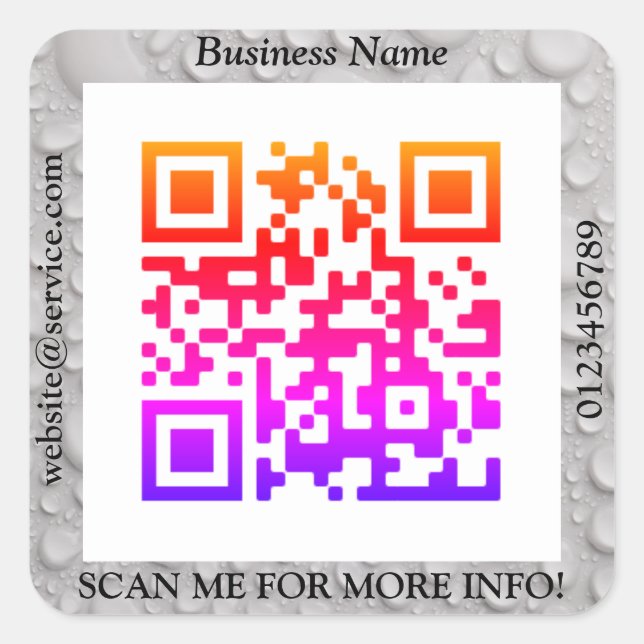 QR Code Bus. Name Website Promo, Water Droplets Sq Square Sticker (Front)