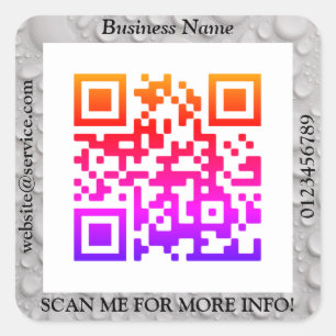 QR Code Bus. Name Website Promo, Water Droplets Sq Square Sticker