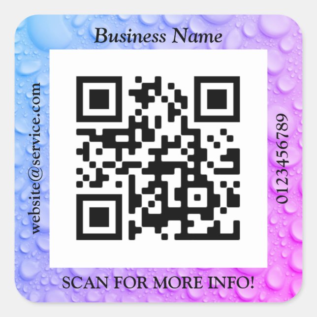 QR Code Bus. Name Website Promo, Water Droplets Square Sticker (Front)