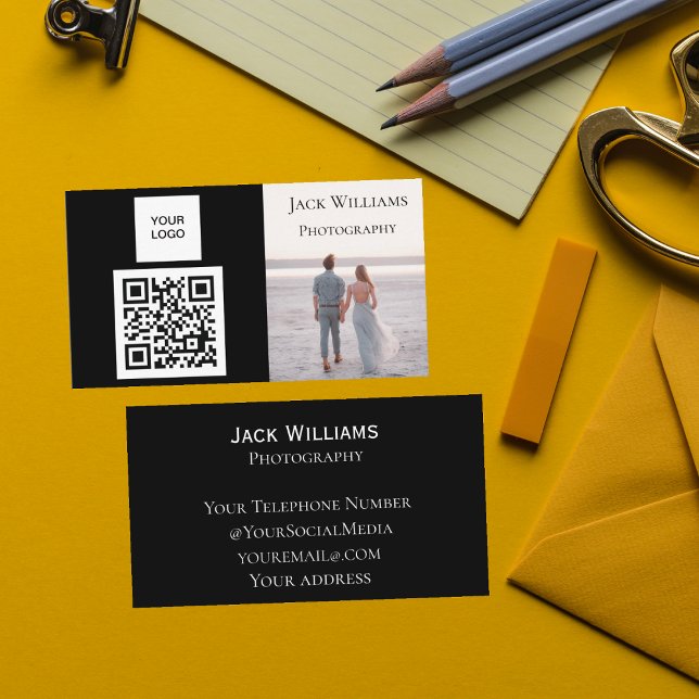 QR Code Business Black Professional Photographer  Card (Creator Uploaded)