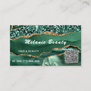 QR Code Business Card Agate Green Gold Glitter