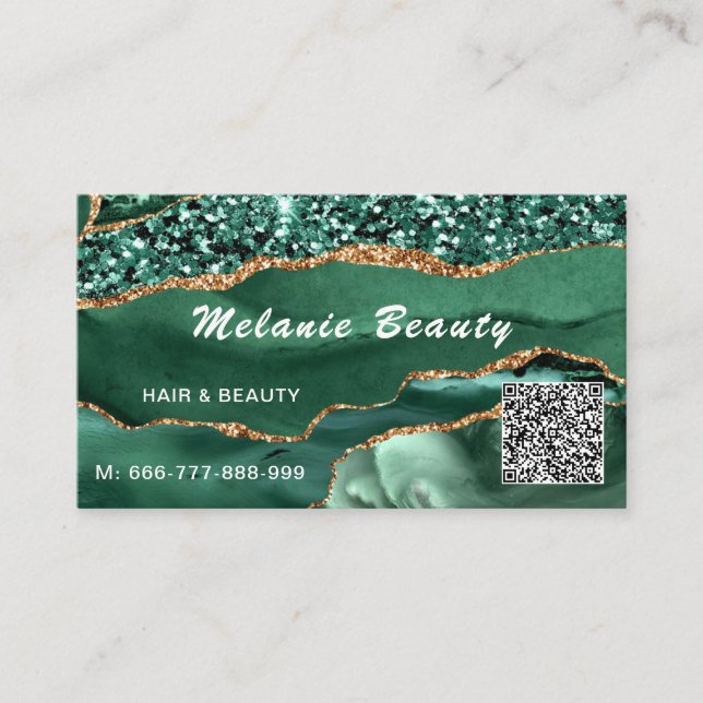 QR Code Business Card Agate Green Gold Glitter (Front)