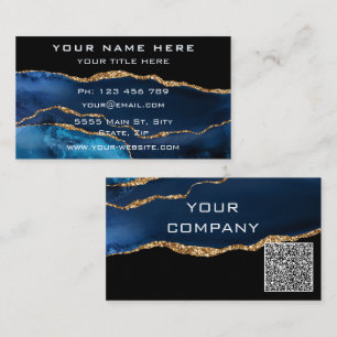 QR Code Business Card Agate Navy Blue Gold Glitter