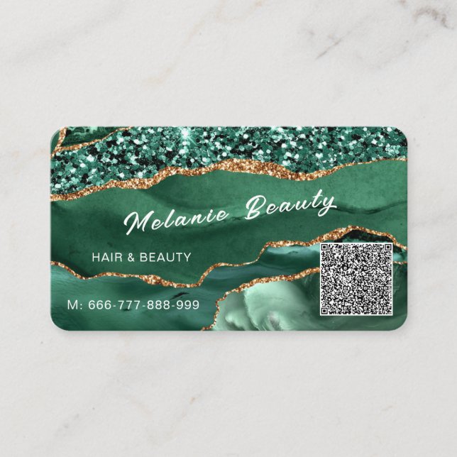QR Code Business Card Emerald Green Gold Glitter (Front)