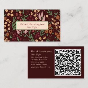 QR Code Business Card Floral Hand Drawn Burgandy