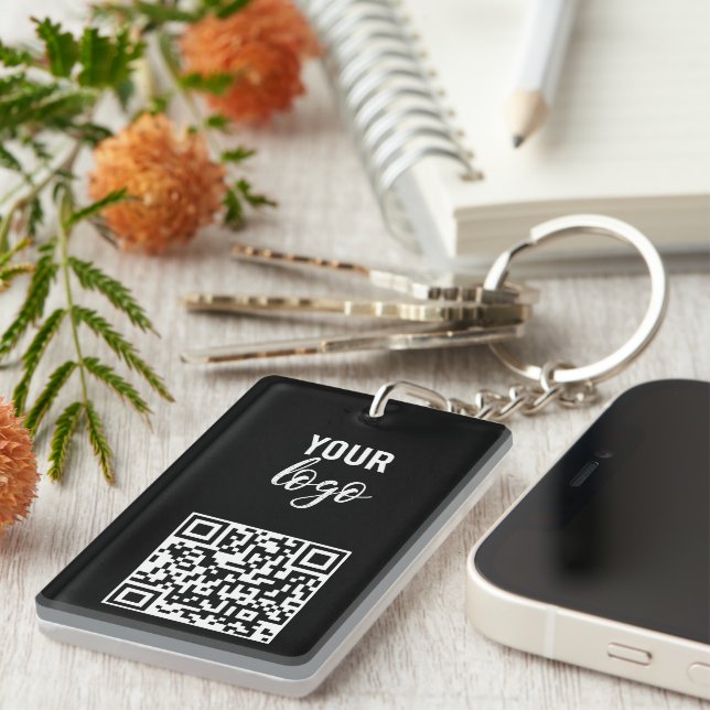 QR Code Business Logo Black Minimalist Black Keychain (Front Right)
