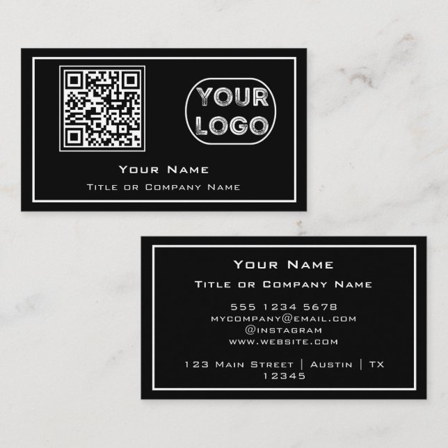 QR Code Business Logo Black Minimalist Business Ca Card (Front/Back)