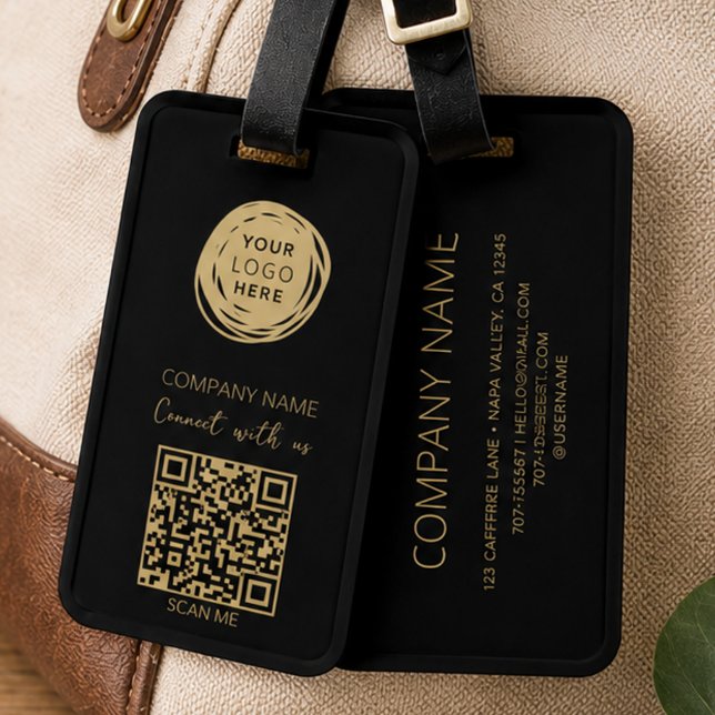 QR Code Business Logo Black Modern Luggage Tag (Creator Uploaded)