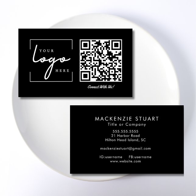 QR Code Business Logo Black Modern Professional Business Card (Creator Uploaded)
