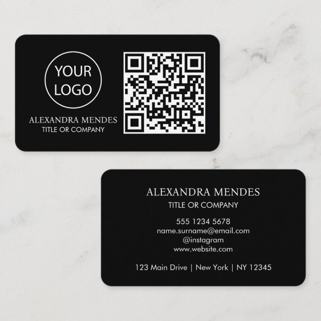 QR Code Business Logo, Black Modern Professional Card (Front/Back)