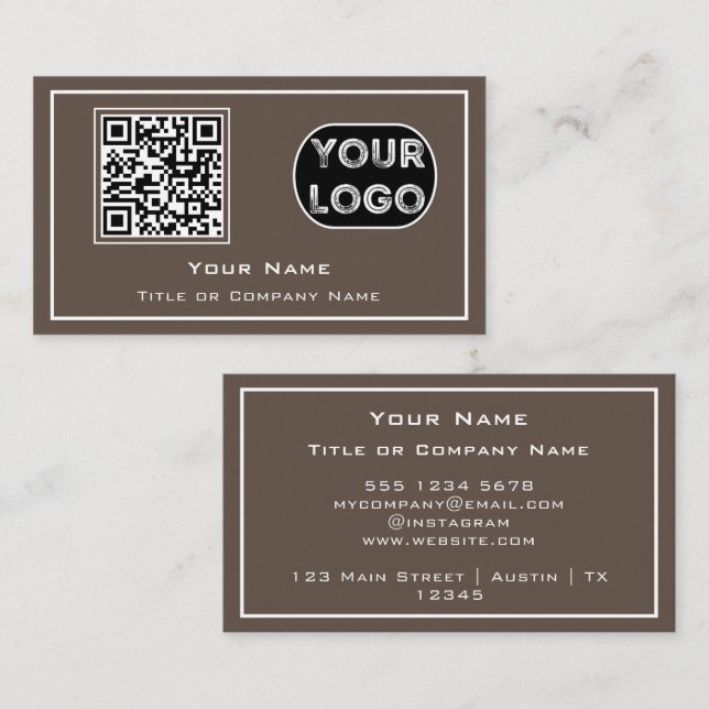 QR Code Business Logo Brown Minimalist Business Card (Front/Back)
