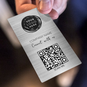 QR Code Business Logo Brushed Silver Card