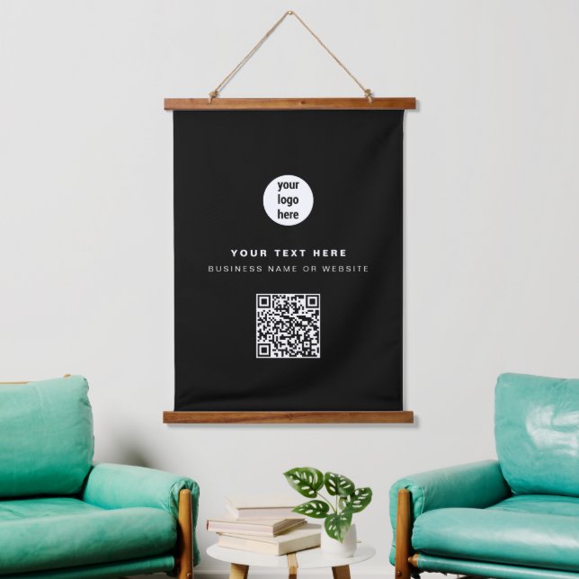 QR Code Business Logo Modern Minimalist Black  Hanging Tapestry (Living Room)