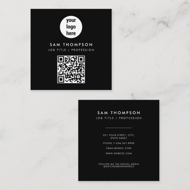 QR Code Business Logo Modern Minimalist Black Square Business Card (Front/Back)