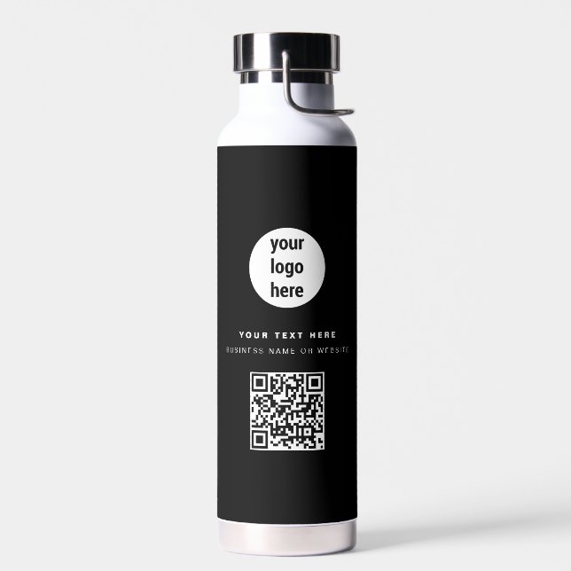 QR Code Business Logo Modern Minimalist Black  Water Bottle (Left)