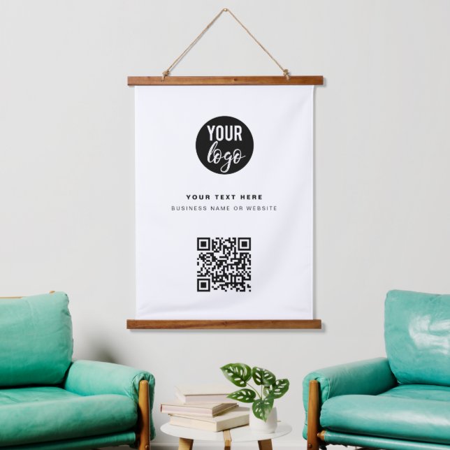 QR Code Business Logo Modern Minimalist White Hanging Tapestry (Living Room)