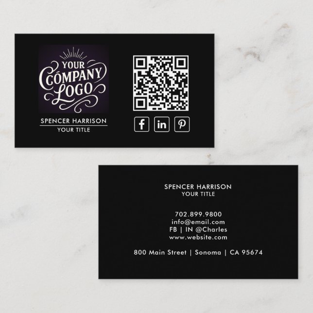 QR Code Business Logo Modern Professional Black Card (Front/Back)